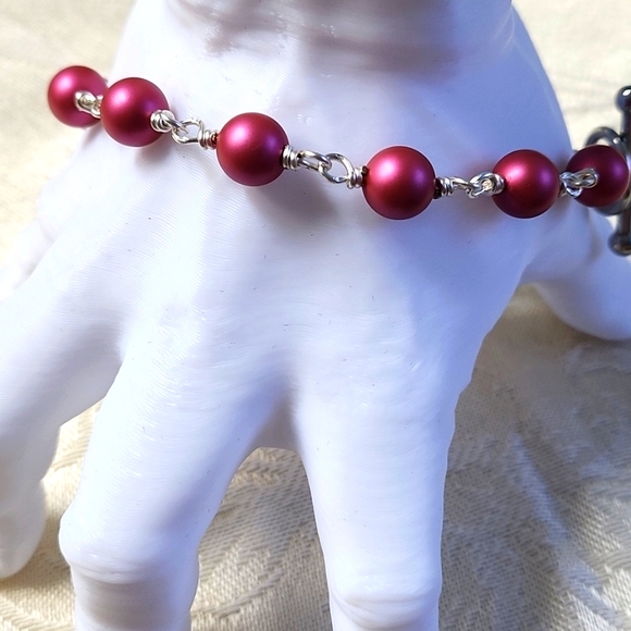 Silver and Pink Raspberry Beaded Bracelet with Charm! - Picture 2 of 2